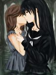  black_eyes black_hair hagoromo_kitsune jyairo kiss long_hair multiple_girls nurarihyon_no_mago school_uniform yuri 