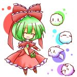  :3 bow closed_eyes dress frills front_ponytail green_hair hair_bow hair_ribbon kagiyama_hina kedama mole ribbon simple_background smile tilde_(ice_cube) touhou |_| 