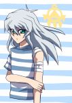  androgynous bakura_ryou bandages green_eyes long_hair striped striped_shirt white_hair yuu-gi-ou 