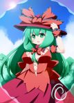  alternate_hairstyle arm_garter between_breasts bow breasts choker cleavage dress frills green_eyes green_hair hair_bow hair_ribbon hand_on_hat hat highres kagiyama_hina large_breasts lens_flare long_hair navel oborotsuki_kakeru ribbon solo sun touhou very_long_hair wrist_cuffs 