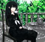  black_hair chair cup hagoromo_kitsune jyairo long_hair nurarihyon_no_mago outdoors pantyhose school_uniform sitting solo tea 