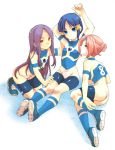  bike_shorts blue_hair inazuma_eleven irouha kurakake_clara kurione_yuki mask multiple_girls purple_hair see-through shoes skin_tight sneakers socks touchi_ai 