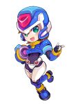  1girl aile_(mega_man_zx) arm_cannon armor black_bodysuit blue_headwear blush bodysuit bodysuit_under_clothes brown_hair chibi cropped_jacket crotch_plate forehead_jewel green_eyes helmet highres mega_man_(series) mega_man_zx model_x_(mega_man) power_armor sample_watermark short_hair simple_background teto_(y3832) watermark weapon white_background 