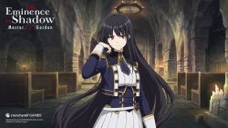  1girl artist_request black_hair blue_corset blue_jacket blue_necktie breasts candle claire_kagenou closed_mouth copyright_notice corset crunchyroll gold_trim highres jacket kage_no_jitsuryokusha_ni_naritakute! kage_no_jitsuryokusha_ni_naritakute!_master_of_garden logo long_hair midgar_academy_school_uniform necktie official_art open_clothes open_jacket pew pleated_skirt red_eyes school_uniform short_necktie skirt solo white_skirt 