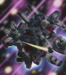 absurdres battle beam_rifle beam_saber commentary_request duel energy_beam energy_gun explosion glowing glowing_eye gm_iii gundam gundam_zz highres machinery mecha mecha_focus mobile_suit no_humans one-eyed primate_nemesis pushing radio_antenna robot science_fiction shield space tackle thrusters weapon zaku_iii 