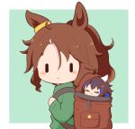  2girls :3 animal_ears bag blue_hair blush_stickers brown_hair chibi closed_eyes closed_mouth daitaku_helios_(umamusume) from_side gomashio_(goma_feet) green_background green_shirt hair_between_eyes hair_ornament hairclip horse_ears in_bag in_container long_hair long_sleeves mejiro_palmer_(umamusume) mini_person minigirl multicolored_hair multiple_girls parted_bangs ponytail shirt side_ponytail sleeves_past_wrists smile star_(symbol) star_hair_ornament streaked_hair two-tone_background umamusume white_background white_hair |_| 