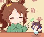  2girls :3 ^_^ animal_ears black_socks blue_hair blue_shorts bow brown_hair cat_ears cat_teaser chibi closed_eyes closed_mouth collared_shirt daitaku_helios_(umamusume) dress_shirt fang fang_out gomashio_(goma_feet) green_bow green_shirt hair_ornament hairclip holding horse_ears horse_girl horse_tail kemonomimi_mode mejiro_palmer_(umamusume) mini_person minigirl motion_lines multicolored_hair multiple_girls ponytail print_shirt raglan_sleeves shadow shirt shorts side_ponytail socks speed_lines star_(symbol) star_hair_ornament star_print streaked_hair tail umamusume white_shirt |_| 