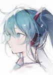  1girl ame929 aqua_eyes aqua_hair blue_hair from_side hair_between_eyes hair_ornament hatsune_miku headphones highres long_hair necktie shirt simple_background solo twintails very_long_hair vocaloid white_background white_shirt 