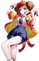  1girl :q blue_shorts brown_hair clenched_hands commentary double_cheese_(mcdonald's) headset highres jacket mcdonald's ririko_(zhuoyandesailaer) shirt shorts simple_background solo striped_clothes striped_shirt tongue tongue_out twintails vertical-striped_clothes vertical-striped_shirt visor_cap white_background white_shirt yellow_jacket 