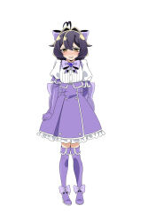  1girl absurdres alternate_costume antenna_hair blush boots breasts dress elbow_gloves footwear_ribbon full_body gloves hair_between_eyes heart_antenna_hair highres hiiragi_utena knee_boots large_ribbon looking_at_viewer mahou_shoujo_ni_akogarete open_mouth purple_dress purple_footwear purple_gloves purple_hair purple_ribbon ribbon shielldsiri shirt simple_background small_breasts solo waist_ribbon wavy_mouth white_background white_shirt 