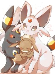  black_eyes blush carrying closed_eyes eevee espeon fangs forehead_jewel heart hp7car7nxrq5s7q looking_down mouth_hold no_humans open_mouth pokemon pokemon_(creature) shadow simple_background sitting umbreon white_background 