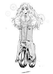 1girl absurdres bakawahitori blush buttons greyscale hairband highres idolmaster idolmaster_(classic) long_hair long_sleeves monochrome motor_vehicle pantyhose riding_scooter scooter shijou_takane shirt shoes simple_background skirt smile solo white_background 