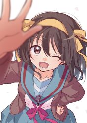  1girl ;d blue_sailor_collar blue_skirt breasts brown_cardigan brown_eyes brown_hair cardigan commentary hair_ribbon hairband hand_on_own_hip hand_up highres kita_high_school_uniform long_sleeves looking_at_viewer lower_teeth_only medium_hair one_eye_closed open_cardigan open_clothes open_mouth outstretched_arm red_ribbon ribbon sailor_collar school_uniform serafuku simple_background skirt smile solo suzumiya_haruhi suzumiya_haruhi_no_yuuutsu taiki_(6240taiki) teeth tongue white_background winter_uniform yellow_hairband yellow_ribbon 