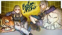  2girls absurdres animal_ear_piercing animal_ears ankle_boots bbyau_(yoyosobadgril) black_tank_top boots chain chain_necklace character_name crop_top cross-laced_footwear crossed_legs double-parted_bangs drawstring fingerless_gloves fur-trimmed_jacket fur_trim gloves highres hololive hololive_dev_is jacket jewelry koganei_niko lion lion_ears lion_girl lion_tail looking_at_viewer messy_hair multicolored_hair multiple_girls necklace orange-tinted_eyewear pants parted_bangs plaid_background see-through_clothes see-through_shirt shirt shishiro_botan shishiro_botan_(1st_costume) single_fingerless_glove sleeves_past_wrists streaked_hair sukajan sweatpants tail tank_top tiger tinted_eyewear torn_clothes torn_pants two-tone_hair virtual_youtuber 