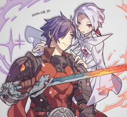 1boy 1other armor arval_(fire_emblem) brown_gloves closed_mouth commentary dated fire_emblem fire_emblem:_three_houses fire_emblem_warriors:_three_hopes flaming_sword flaming_weapon gloves grey_hair haconeri hair_over_one_eye holding holding_sword holding_weapon male_focus purple_hair shez_(fire_emblem) shez_(male)_(fire_emblem) simple_background smile sparkle sword symbol-only_commentary violet_eyes weapon white_background 