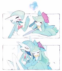  against_tree bob_cut closed_eyes colored_skin gardevoir green_hair green_skin hair_over_one_eye highres lilligant locked_arms masayo_(skip) multicolored_skin open_mouth pokemon pokemon_(creature) psychic sitting smile tree two-tone_skin white_skin 