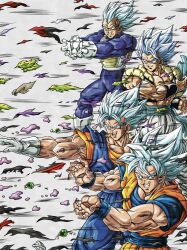  4boys absurdres armor black_vest blue_bodysuit blue_eyes blue_hair blue_pants blue_sash blue_shirt bodysuit broly_(dragon_ball_super) dougi dragon_ball dragon_ball_super dragon_ball_super_broly earrings final_flash fused_zamasu gloves gogeta grey_background group_picture highres hiro_(udkod1ezlyi2flo) jewelry jiren kamehameha_(dragon_ball) male_focus medium_hair metamoran_vest multiple_boys muscular muscular_male no_shirt open_clothes open_vest pants potara_earrings saiyan_armor sash shirt son_goku speed_lines spiky_hair super_saiyan super_saiyan_blue torn_clothes vegeta vegetto vest white_armor white_gloves white_pants 