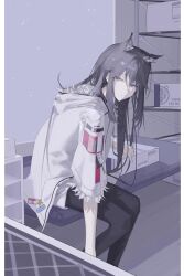  1girl animal_ear_fluff animal_ears arknights ay4_la black_hair black_pantyhose closed_mouth fur-trimmed_jacket fur-trimmed_sleeves fur_trim highres jacket long_hair official_alternate_costume orange_eyes pantyhose shorts solo texas_(arknights) texas_(winter_messenger)_(arknights) white_jacket white_shorts wolf_ears wolf_girl 