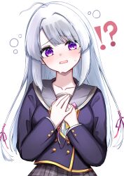 !? 1girl @_@ absurdres ahoge ayachi_nene black_jacket blush commentary embarrassed flying_sweatdrops furrowed_brow grey_hair grey_sailor_collar hair_between_eyes hair_intakes hair_ribbon hands_up head_tilt highres holding holding_sex_toy jacket long_hair long_sleeves looking_at_viewer open_mouth own_hands_together panicking pink_ribbon plaid_clothes plaid_skirt ribbon sailor_collar sanoba_witch school_uniform serafuku sex_toy simple_background skirt solo sweat symbol-only_commentary tearing_up tears upper_body user_fxtv3484 very_long_hair vibrator violet_eyes white_background wilted_ahoge 