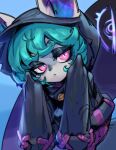  1girl black_hoodie closed_mouth colored_skin cowboy_shot ears_through_headwear english_commentary green_hair grey_skin hair_between_eyes hood hoodie league_of_legends long_sleeves looking_at_another phantom_ix_row shadow short_hair sleeves_past_wrists solo vex_(league_of_legends) violet_eyes yordle 