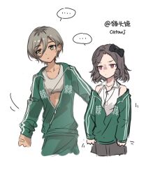 ... 2girls black_bow bow brown_eyes catowjeemson classroom collarbone collared_shirt cowboy_shot earrings ebizuka_tomo girls_band_cry green_jacket grey_hair grey_sports_bra hair_between_eyes hair_bow highres jacket jewelry long_hair_between_eyes multiple_girls necklace off_shoulder partially_unzipped red_eyes rupa_(girls_band_cry) shirt short_hair simple_background sleeveless sleeveless_shirt spoken_ellipsis sports_bra stud_earrings white_background white_shirt 