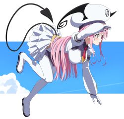  1girl absurdres bat_wings bodysuit boots breasts demon_tail flying frills green_eyes hat highres lala_satalin_deviluke large_breasts large_hat long_hair peke pink_hair sincos tail to_love-ru wings 