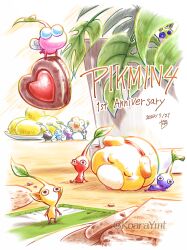  animal_collar anniversary black_eyes black_skin blue_eyes blue_pikmin border carrying chocolate_chip collar colored_skin commentary_request cookie crumbs dated dog flower flying food fruit glow_pikmin green_skin hand_on_own_cheek hand_on_own_face heart heart-shaped_cookie heart-shaped_food highres holding holding_food ice ice_pick insect_wings leaf lemon looking_at_viewer lying no_humans no_mouth oatchi_(pikmin) on_side oversized_food oversized_object pikmin_(creature) pikmin_(series) pikmin_4 pink_skin plant plate pointy_ears pointy_nose potted_plant purple_pikmin purple_skin red_collar red_eyes red_pikmin red_skin rock rock_pikmin signature sitting sleeping solid_circle_eyes standing table tablecloth triangle_mouth twitter_username white_border white_flower white_pikmin white_skin winged_pikmin wings yamato_koara yellow_pikmin yellow_skin 