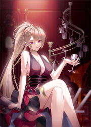  1girl absurdres azur_lane brown_hair crossed_legs cup dress drinking_glass earrings gold_choker highres hyin jean_bart_(azur_lane) jean_bart_(uninhibited_bloodstone)_(azur_lane) jewelry long_hair ponytail red_dress red_eyes spotlight thigh_strap thighs violet_eyes wine_glass 
