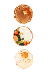  animal animal_focus blueberry butter cat commentary cream creature curled_up english_commentary food food-themed_creature food_focus fried_egg fruit fruit_tart highres kiwi_(fruit) litarnes no_humans orange_(fruit) original pancake pastry pepper_(spice) simple_background strawberry syrup tart_(food) watermark web_address white_background 