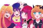  4girls :3 ;d alternate_universe arima_kana arm_up ascot black_bow black_bowtie black_headwear blonde_hair blue_eyes blunt_bangs blush bob_cut bow bowtie breasts brooch brown_hair closed_eyes collared_shirt crying curled_fingers demon_horns double-parted_bangs dress eyelashes facing_to_the_side facing_viewer fang furrowed_brow gloves hair_between_eyes hair_bow hair_ornament hand_on_another&#039;s_head hand_up hat heart heart_brooch highres horns hoshino_ai_(oshi_no_ko) hoshino_ruby jewelry long_bangs long_hair looking_ahead memcho mini_hat mother_and_daughter multicolored_clothes multicolored_dress multicolored_hair multiple_girls one_eye_closed one_side_up oshi_no_ko parted_lips purple_dress purple_gloves purple_hair purple_shirt rabbit_hair_ornament roots_(hair) shirt short_hair short_sleeves smile star-shaped_pupils star_(symbol) star_hair_ornament symbol-shaped_pupils tears teeth time_paradox top_hat triangle_mouth turning_head twitter_username two-tone_hair violet_eyes white_ascot white_background wing_brooch winged_heart wiping_tears xto4k yellow_dress 