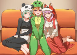  3girls absurdres animal_costume animal_ears animal_hat animal_hood aqua_hair arched_bangs barefoot between_legs blunt_bangs blush braid braided_twintails breasts buttons closed_eyes collarbone commentary feet fingernails hair_between_eyes hair_through_hood hand_between_legs hat highres hood hood_up leaning_on_person long_hair long_sleeves looking_at_viewer love_live! love_live!_superstar!! low_twin_braids medium_hair multiple_girls onesie onitsuka_tomari open_mouth orange_hair pajamas panda panda_hat purple_hair shadow shibuya_kanon sidelocks sitting sleeping sleeping_on_person sleeping_upright smile toenails twin_braids twintails violet_eyes wariza wavy_hair wien_margarete yzlkun 