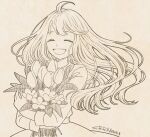  1girl ^_^ antenna_hair bouquet chiori_n closed_eyes commentary dated dress facing_viewer floating_hair flower highres holding holding_bouquet lineart long_hair monochrome original signature simple_background smile solo symbol-only_commentary tulip watermark 