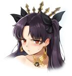  1girl bare_shoulders black_hair blush crown detached_collar ear_blush earrings fate/grand_order fate_(series) highres hoop_earrings ishtar_(fate) jewelry long_hair looking_at_viewer mr.thunderigor red_eyes simple_background solo sweatdrop white_background 