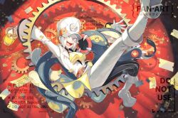  1boy arms_up belt black_shirt boots eelektross emmet_(pokemon) emmet_(sygna_suit)_(pokemon) full_body gears gloves grey_eyes grey_hair hat highres holding holding_lantern jacket kusuribe lantern leg_up long_sideburns male_focus mismatched_pants neckerchief pants pokemon pokemon_(creature) pokemon_masters_ex red_belt shirt short_hair sideburns smile sparkle ticket twitter_username white_footwear white_gloves white_hat white_jacket white_pants yellow_neckerchief 