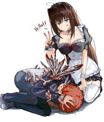  1boy 1girl absurdres alternate_costume anger_vein aozaki_aoko apron black_dress black_footwear blush breasts brown_hair closed_mouth dark_persona dress emiya_shirou english_commentary enmaided facing_viewer fate/stay_night fate_(series) full_body garter_straps hair_intakes heaven&#039;s_feel highres katana lifting_own_clothes long_hair mahou_tsukai_no_yoru maid maid_apron maid_headdress male_focus mary_janes medium_breasts planted planted_sword puff_of_air raglan_sleeves red_ribbon redhead ribbon shoes shokobr skirt_hold solo sword thigh-highs wavy_mouth weapon white_background white_garter_straps white_thighhighs white_wrist_cuffs wrist_cuffs 