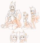  animal_ears fox_tail japanese_clothes knitting monochrome multiple_girls original sawaya_(mizukazu) smile tail yarn yarn_ball 