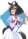  1girl :d ahoge animal_ears black_hair bow bowtie hair_between_eyes highres horse_ears horse_girl horse_tail horseshoe_ornament kakuanko kitasan_black_(umamusume) looking_to_the_side multicolored_hair pleated_skirt puffy_short_sleeves puffy_sleeves purple_bow purple_bowtie purple_shirt red_eyes sailor_collar sailor_shirt school_uniform shirt short_hair short_sleeves skirt smile solo streaked_hair summer_uniform tail tracen_school_uniform umamusume white_hair white_skirt 