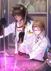  1boy 1girl animal_ears brown_hair coat commentary_request crowdance dark-skinned_male dark_skin gloves goggles goggles_around_neck green_eyes grim_(twisted_wonderland) highres indoors lab_coat latex latex_gloves leona_kingscholar lion_boy lion_ears long_hair mixing ponytail shelf twisted_wonderland upper_body white_coat yuu_(twisted_wonderland) 