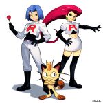  1girl 2boys crossed_arms flower hand_on_own_hip highres holding holding_flower james_(pokemon) jessie_(pokemon) meowth multiple_boys pokemon pokemon_(creature) red_flower red_rose rose smgold team_rocket team_rocket_uniform white_background 