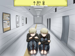  2boys black_shirt blonde_hair blue_eyes ceiling_light dali_(migi_to_dali) door hallway highres indoors long_sleeves looking_at_viewer m2bou migi_(migi_to_dali) migi_to_dali multiple_boys on_floor pants poster_(object) shirt short_hair siblings sitting smile tactile_paving the_exit_8 tile_floor tile_wall tiles turtleneck twins 