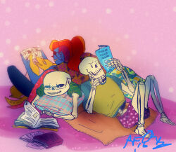 2016 2boys 2d 2girls alphys alternate_costume anthro barefoot book brothers commentary digital_media english_commentary female fish fish_girl friends glasses hair hand_on_own_chin high_ponytail holding holding_book humanoid kuudessilma lizard lizard_girl long_hair lying male monster monster_boy monster_girl multiple_boys multiple_girls on_back on_stomach papyrus_(undertale) pillow pink_background ponytail reading red_hair reptile reptile_girl sans_(undertale) scalie signature simple_background skeleton t-shirt undead undertale undyne utdr_(toby_fox)