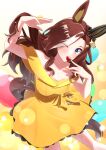  absurdres alternate_costume animal_ears blue_eyes brown_hair daring_heart_(umamusume) dress ear_covers food freely2327 fruit highres horse_ears horse_girl horse_tail long_hair looking_at_viewer multicolored_hair off-shoulder_dress off_shoulder one_eye_closed single_ear_cover strawberry streaked_hair tail umamusume white_hair yellow_dress 