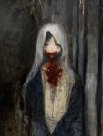  1girl arms_at_sides black_hair blood blood_on_clothes blood_on_face blue_robe closed_mouth dark dawn forest highres horror_(theme) jiz_(pffbq) looking_at_viewer nature original painting_(medium) robe short_hair solo traditional_media tree veil 