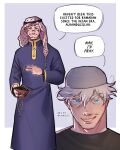  2boys absurdres black_nails blue_eyes english_text facial_tattoo gojou_satoru highres jujutsu_kaisen lamuliz looking_at_viewer male_focus meme multiple_boys nah_i&#039;d_win_(meme) ramadan red_eyes ryoumen_sukuna_(jujutsu_kaisen) speech_bubble tattoo v white_hair 