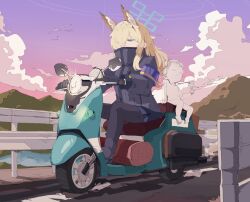  1boy 1girl animal_ear_fluff animal_ears bird blonde_hair blue_archive blue_halo cigarette clouds cloudy_sky commentary_request day dog_ears dog_girl doodle_sensei_(blue_archive) extra_ears gloves gurenola hair_over_one_eye halo highres holding holding_cigarette id_card kanna_(blue_archive) lanyard long_hair long_sleeves motor_vehicle notched_ear on_scooter outdoors police police_uniform policewoman purple_armband purple_sky riding riding_scooter scooter seagull sensei_(blue_archive) skirt sky 
