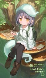  1girl :&lt; absurdres aqua_hat backpack bag black_thighhighs book brown_footwear cloneko_(zelmeledf2) closed_mouth collarbone commentary_request commission dot_nose food_print forest frown green_bag grey_hair hat highres holding_compass jacket long_sleeves looking_at_viewer mushroom mushroom_print nature open_book orange_eyes original personification short_hair sitting skeb_commission solo spyglass tail thigh-highs translation_request treasure_map tree white_jacket zettai_ryouiki 