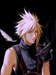  1boy armor black_background black_feathers blonde_hair blue_eyes chocobowings closed_mouth cloud_strife english_commentary feathers final_fantasy final_fantasy_vii final_fantasy_vii_rebirth final_fantasy_vii_remake highres male_focus portrait shirt short_hair shoulder_armor single_shoulder_pad sleeveless sleeveless_turtleneck spiky_hair suspenders turtleneck white_feathers 