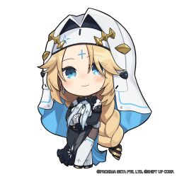  1girl bead_bracelet beads black_dress blonde_hair blue_eyes blush boots bracelet braid braided_ponytail breasts chibi closed_mouth commentary cross cross_earrings cross_necklace dress earrings english_commentary english_text full_body gloves goddess_of_victory:_nikke highres interlocked_fingers jewelry large_breasts light_smile long_hair long_sleeves looking_at_viewer necklace no_nose official_art pantyhose rapunzel_(nikke) rapunzel_(pure_grace)_(nikke) solo thigh_boots totatokeke very_long_hair white_coif white_footwear white_gloves 