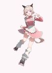  1girl :d absurdres animal_ears bow curren_chan_(umamusume) ear_bow ear_covers full_body grey_eyes grey_hair highres horse_ears horse_girl inline_skates jacket kro_(kroooxd) long_sleeves loose_socks official_alternate_costume pink_jacket pink_skirt red_bow roller_skates short_hair simple_background skates skirt smile socks solo track_jacket umamusume v violet_eyes white_socks 