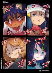  4girls anger_vein angry blue_eyes blue_hair blue_jacket blush brown_hair closed_mouth collarbone crossed_arms earrings frown grey_sweater h_renah hair_ornament hairclip hat highres hikari_(pokemon) iris_(pokemon) jacket jewelry liko_(pokemon) looking_at_viewer multiple_girls pink_ribbon pink_scarf pokemon pokemon_(anime) pokemon_bw_(anime) pokemon_dppt_(anime) pokemon_horizons pokemon_journeys purple_hair ribbon scarf serena_(pokemon) sleeveless sleeveless_sweater sweater tears twintails twitter_username violet_eyes 